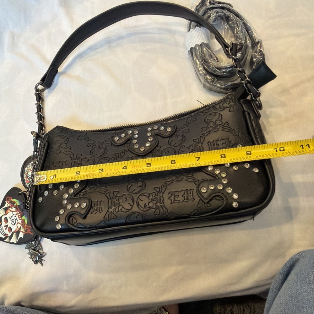 Ed Hardy Black Rhinestone Mini Purse Crossbody Shoulder Bag with Charms - Picture 15 of 16